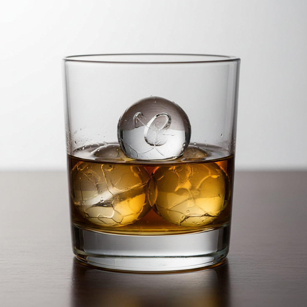 Round sphere ice cubes in glass